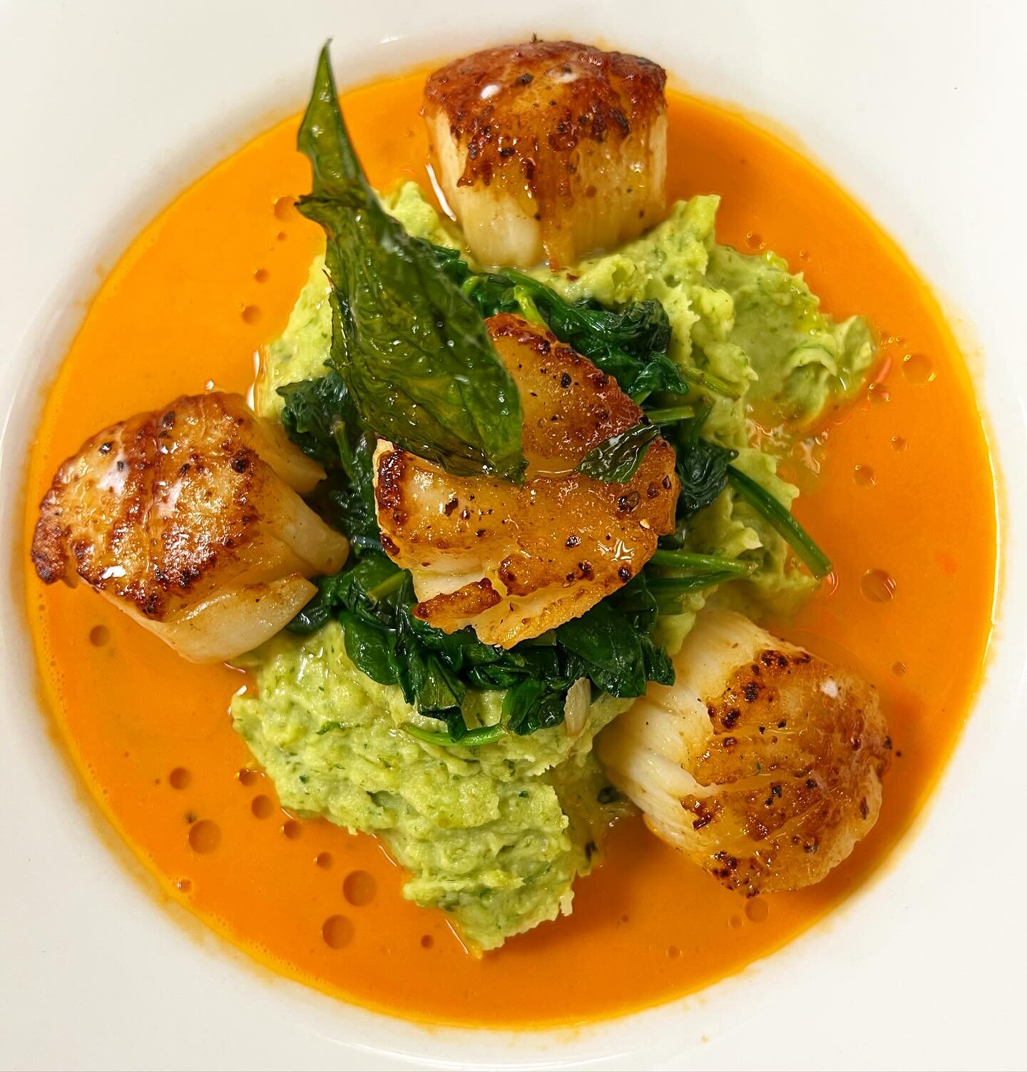 Seared sea scallops, basil mashed, saut&eacute;ed spinach, smoked red pepper broth 🤩🤤 

🌊@theclammanfalmouth 

#capecod #eatcapecod #capecodseafood #scallops #falmouth #falmouthrestaurant 
#capecodrestaurants