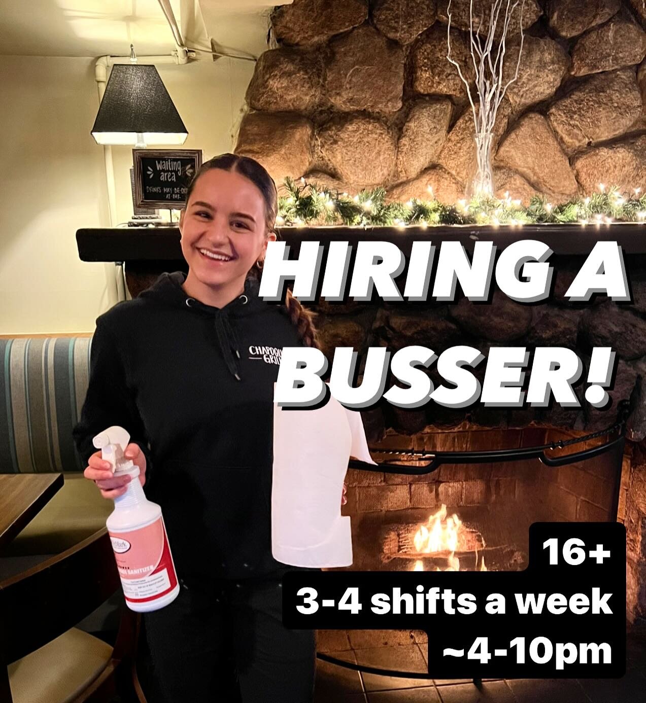 Looking for a busser! Shift is approximately 4-10, so must be 16+ to stay that late. 3-4 shifts a week. Must be available Tuesday-Saturday. Email chapoquoitgrill@gmail.com or private message with interest! Tell your friends! 📢