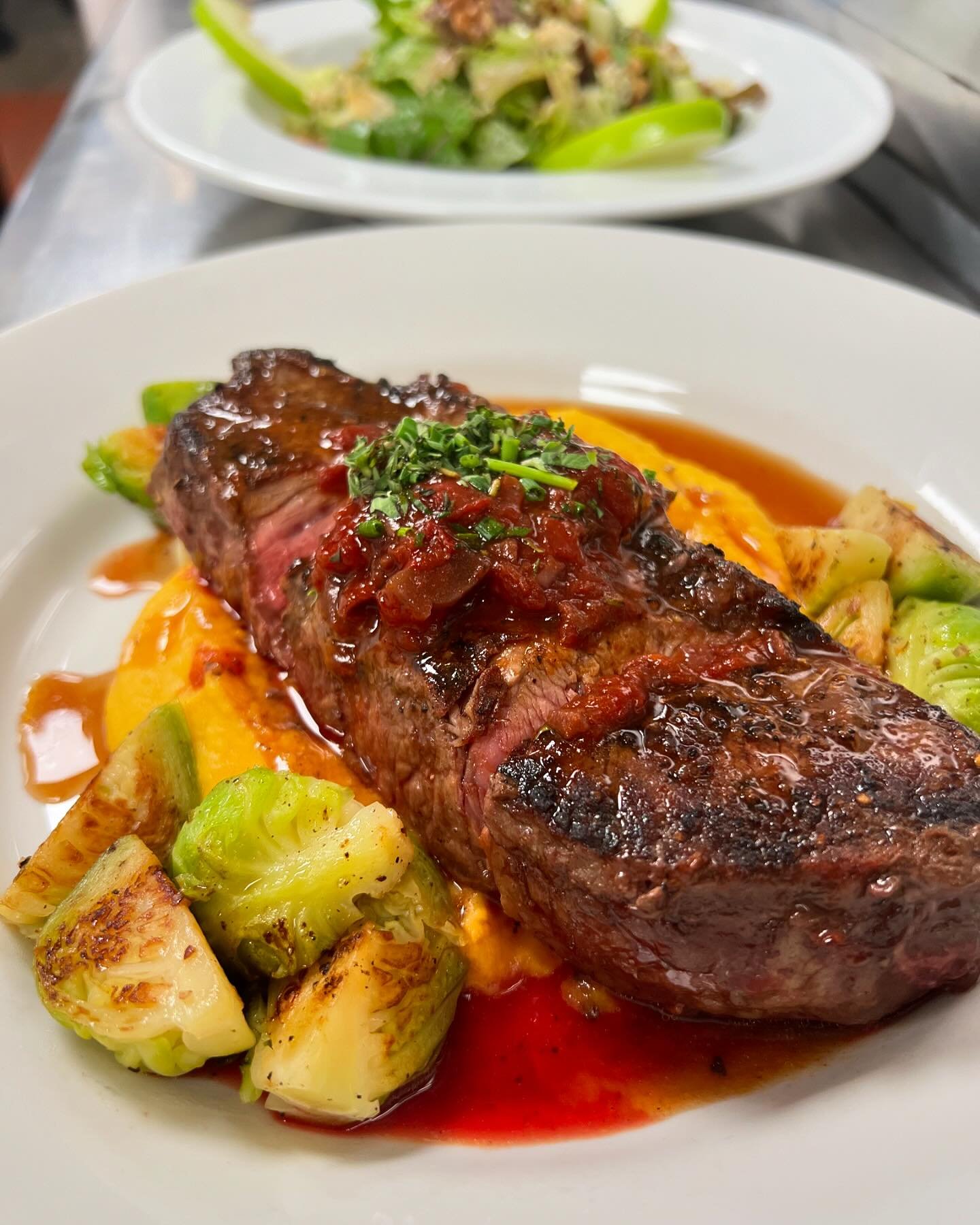 Greater Omaha New York Strip Steak 🍴 Root veg mashed potato, Brussels, tomato fondue, rosemary demi 🤤 

It&rsquo;s what&rsquo;s for dinner tonight. 

Open 5-9 Tuesday- Saturday
 
Chapoquoitgrillwestfalmouth.com/menu