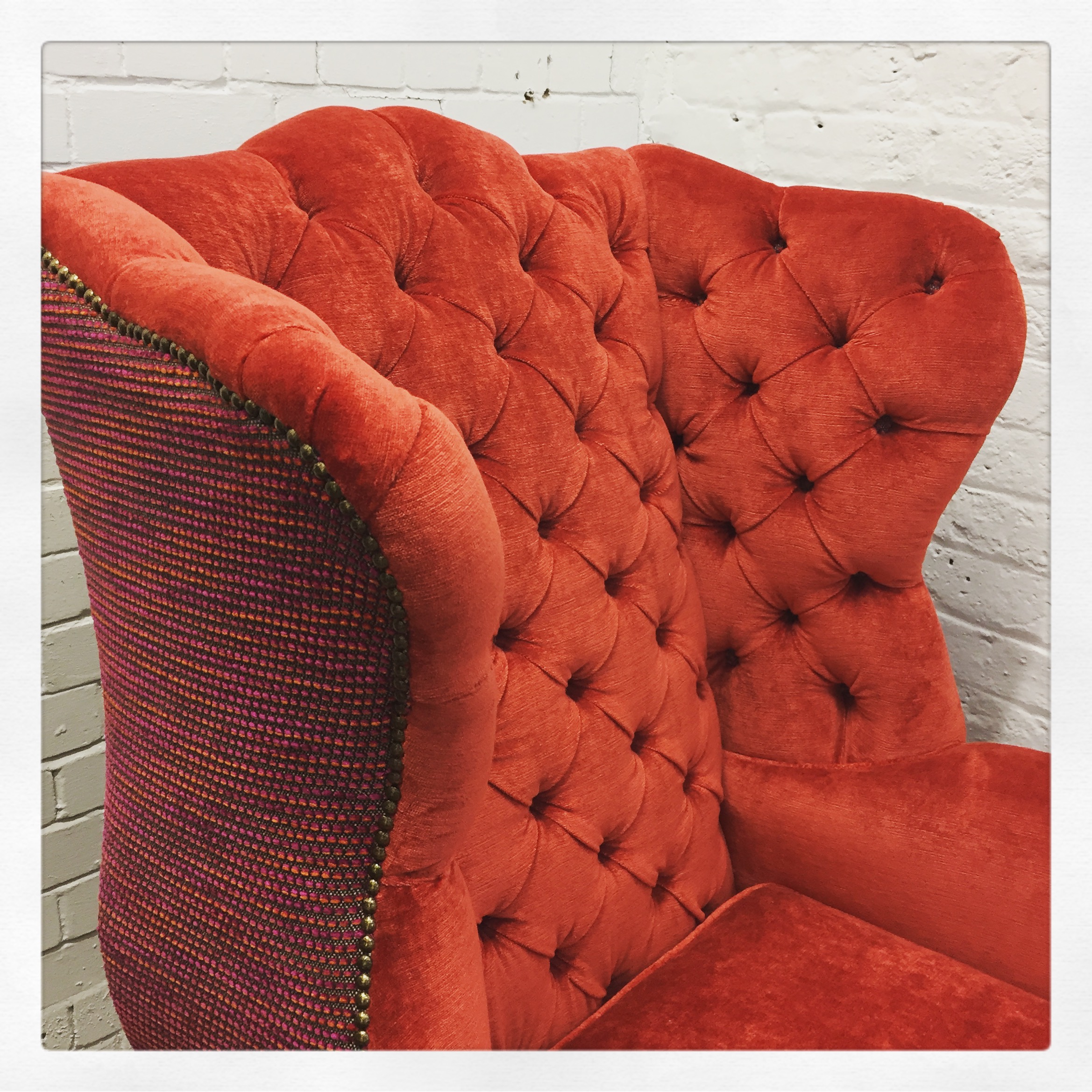 Wingback Chair Upholstery in Red Velvet Fabric