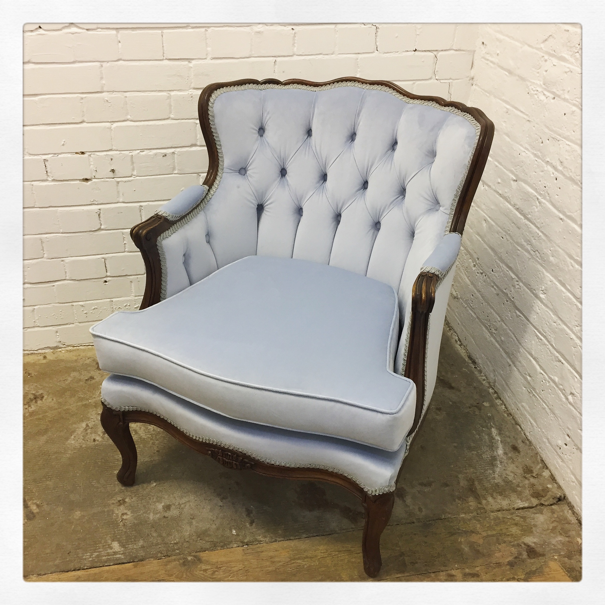 Antique Chair Upholstery in Light Blue Fabric
