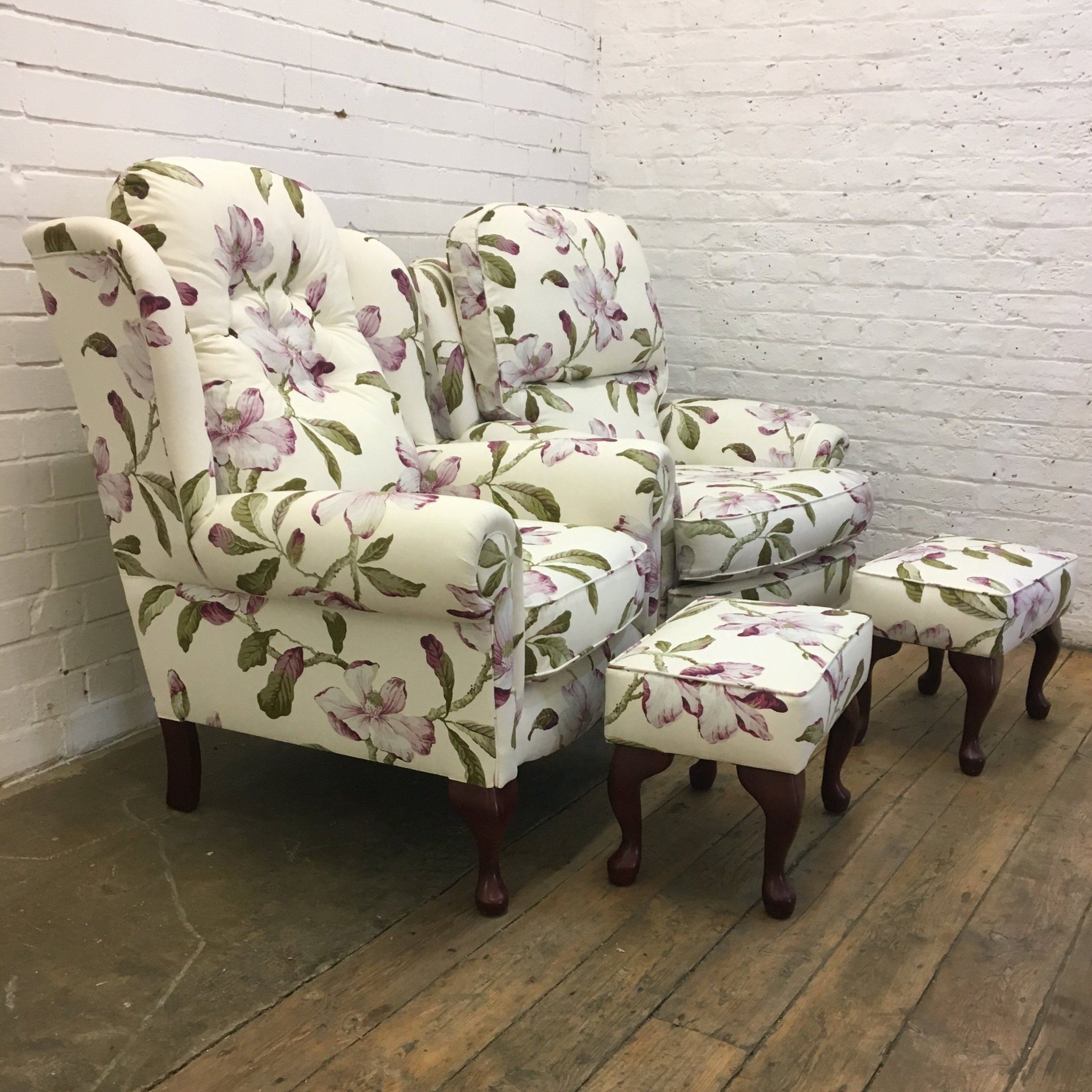 Floral Reupholstered Armchairs with Footstools