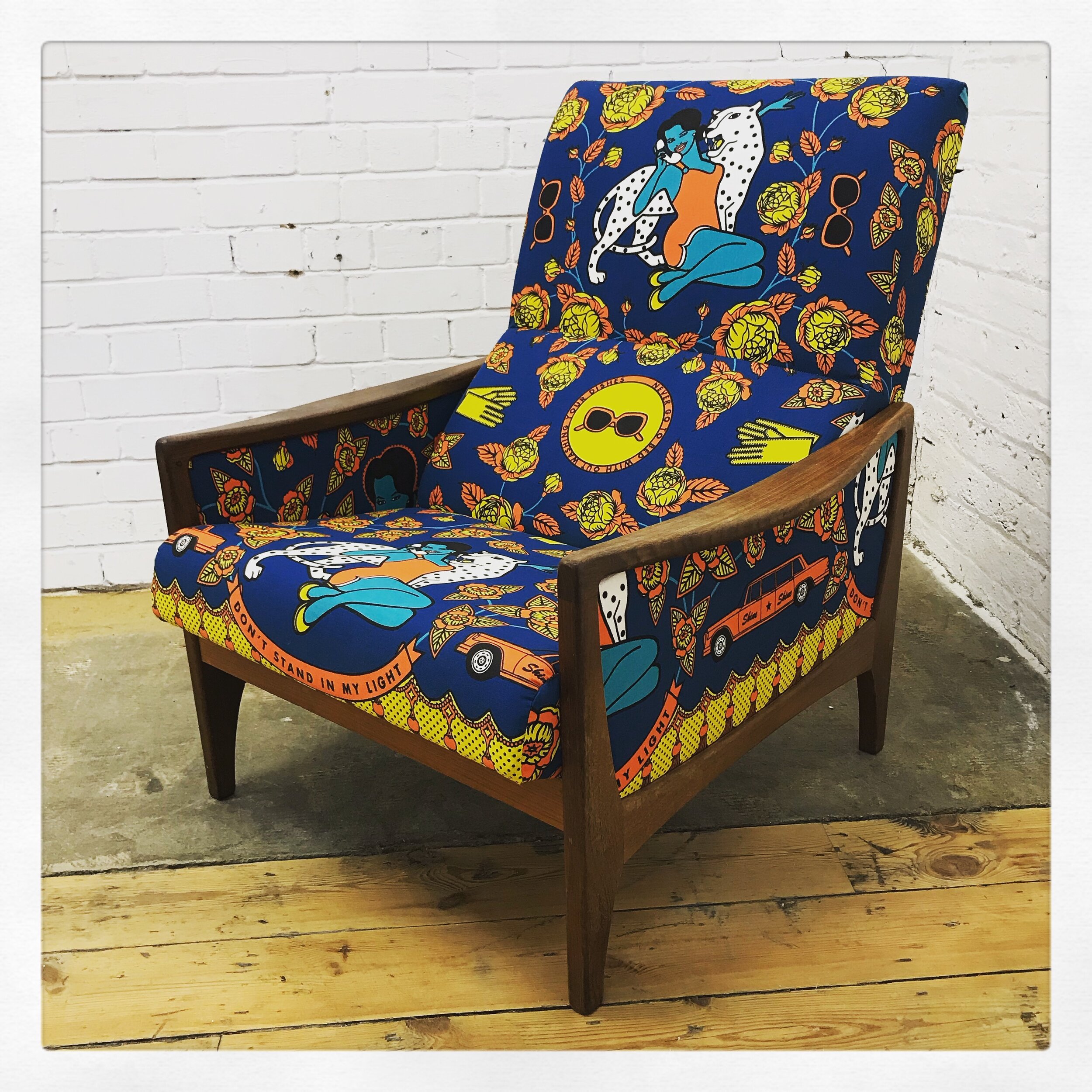 Upholstered Vintage Armchair in Vibrant Fabric