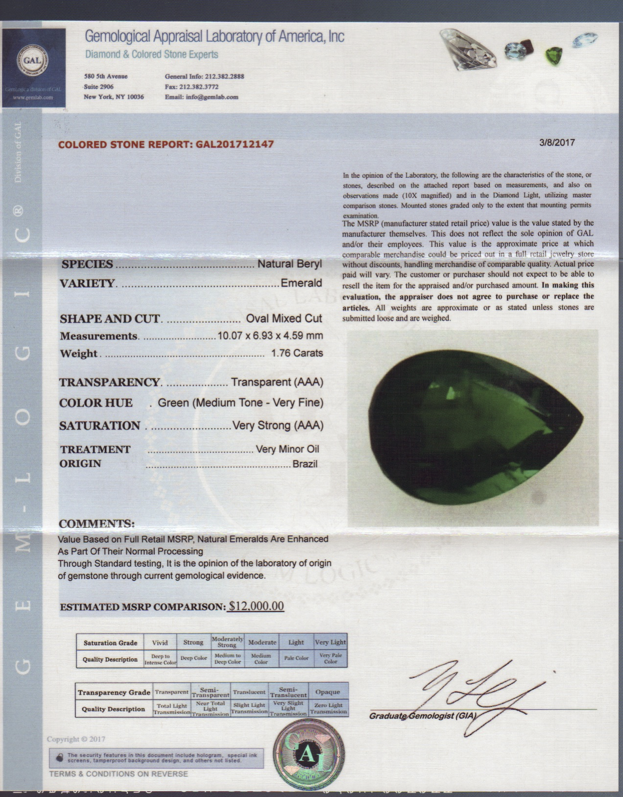 Emerald 1.76 CT Pear Cut AAA GAL Report.png