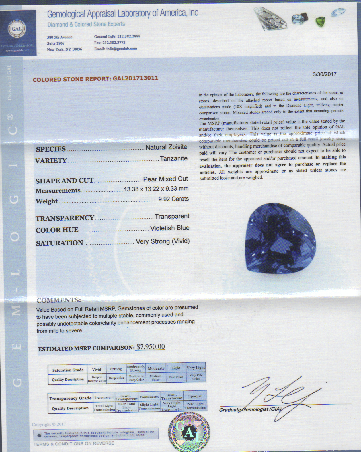 Tanzanite 9.92 CT Pudgy Pear Owow D1 18463 GAL Cert Report.png