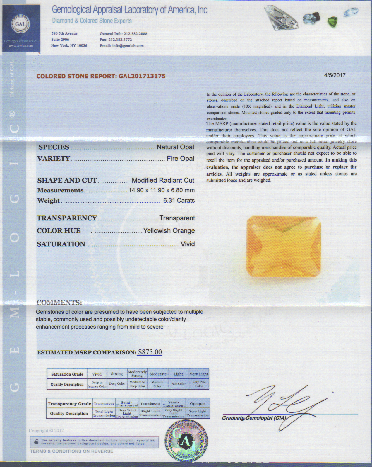 Fire Opal 6.31 Radiant Cut CT 1434042 GAL Rep.png