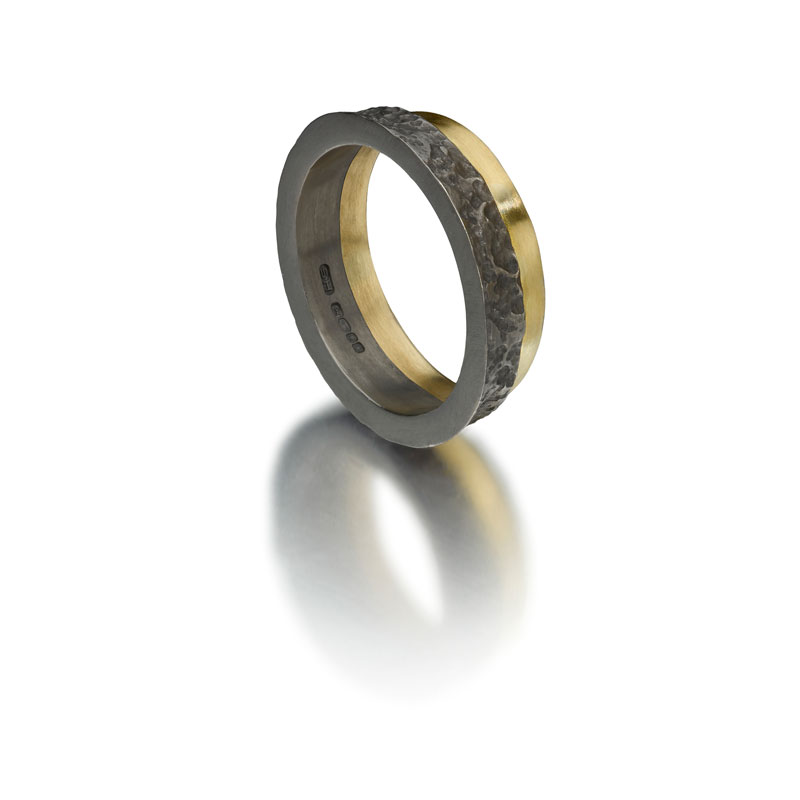 Black rhodium and 18ct gold plated etched silver ring