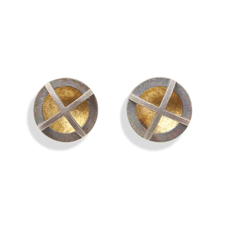 18ct gold and oxidised silver hemisphere earrings