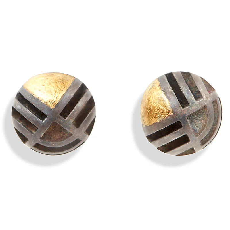 18ct gold and oxidised silver hemisphere earrings