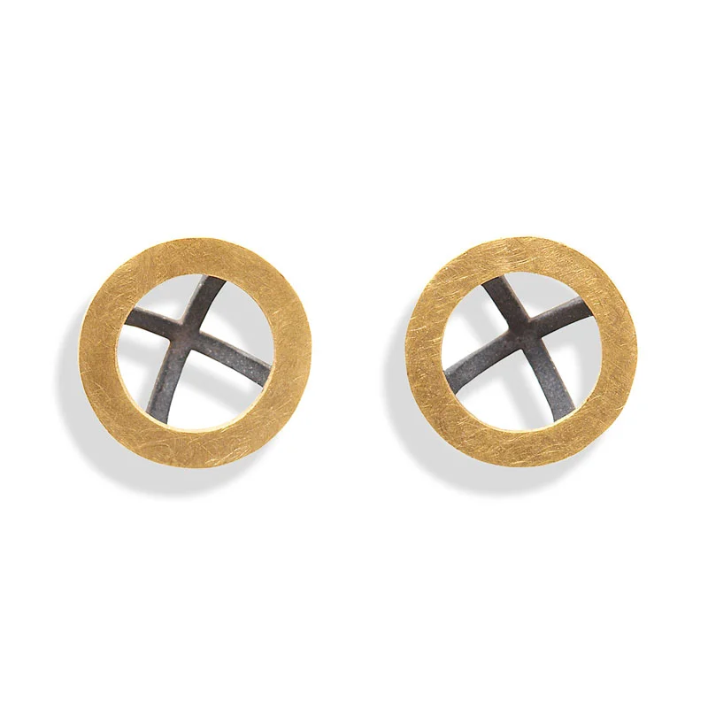 18ct gold and oxidised silver hemisphere earrings