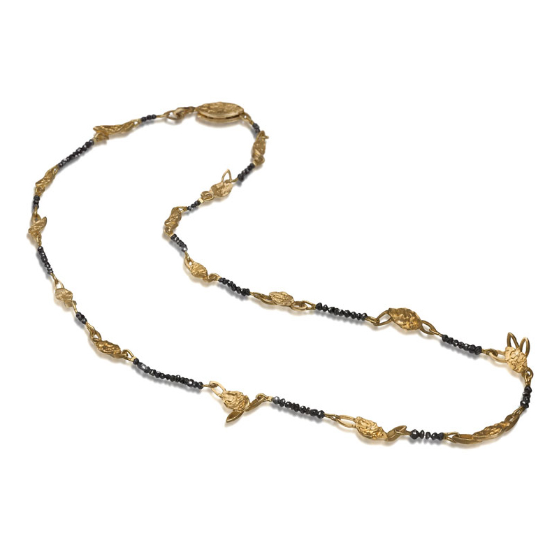 Gold plated silver necklace with black diamond beads