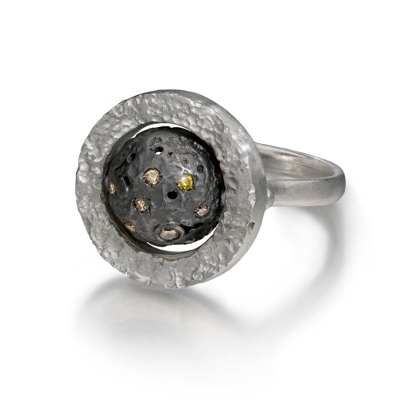 Silver and black rhodium rotating sphere ring with diamonds