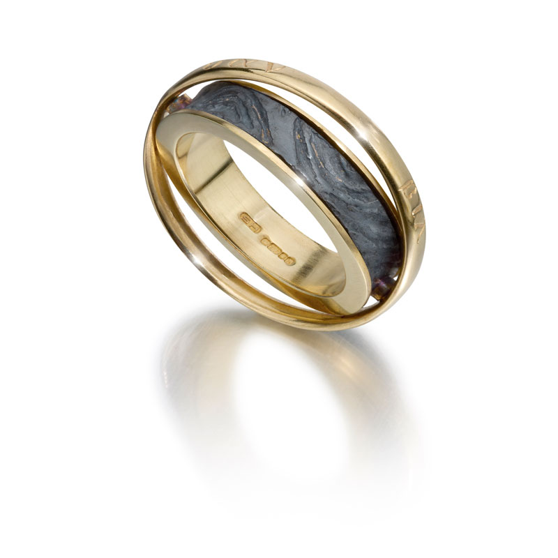 18ct gold and etched silver oxidised rotating ring