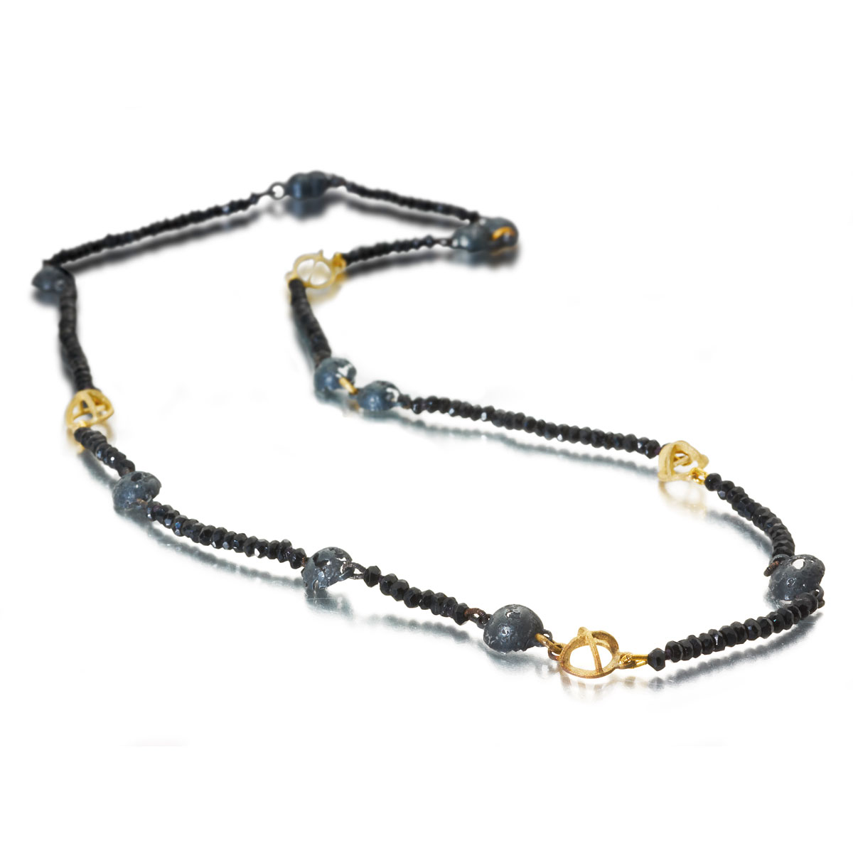 18ct gold and oxidised silver orbital necklace with black spinnel beads