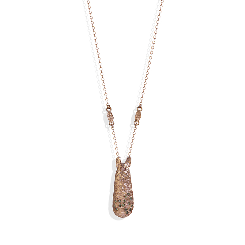 Rose gold teardrop pendant with green diamonds