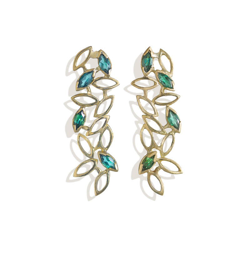 18ct gold earrings with marquis indicolite tourmalines length 3.5cm.