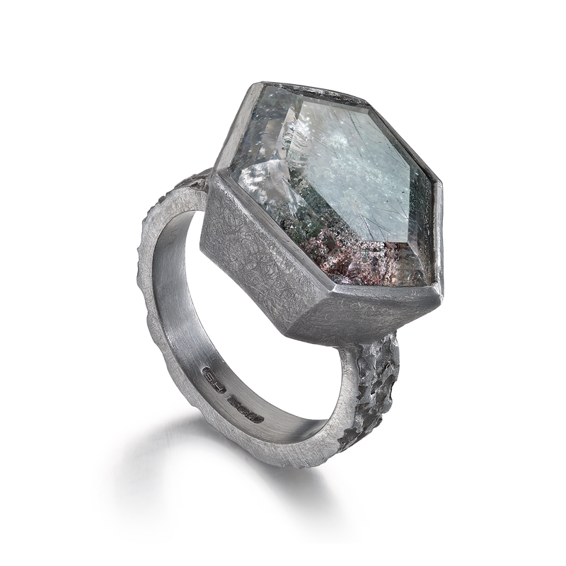 Silver etched ring with lodolite quartz