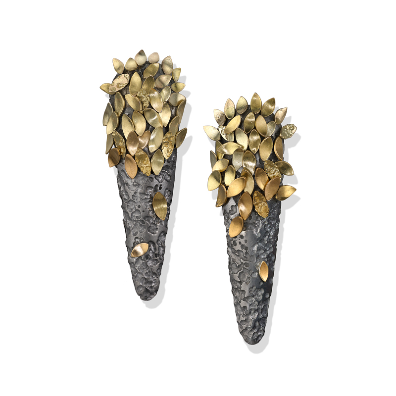 Grey rhodium silver earrings with gold leaves