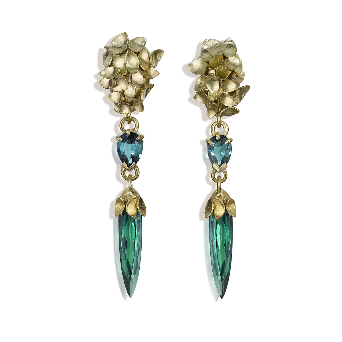 22ct and 18ct different coloured gold earrings with tourmalines