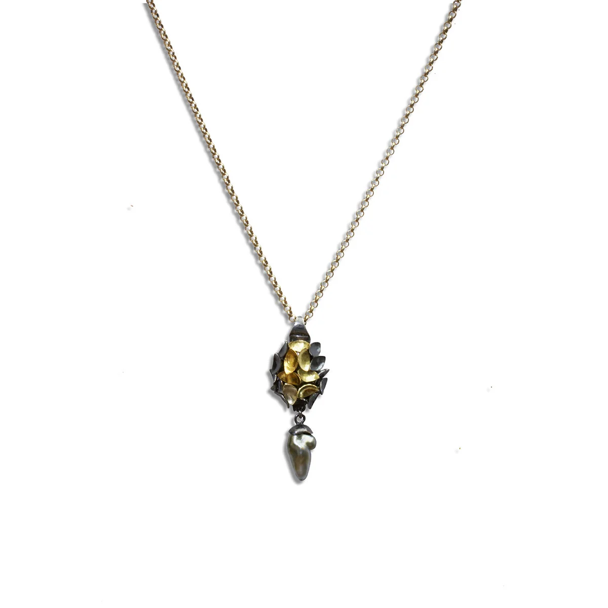 Oxidised silver and gold pendant with keishi pearl pendant