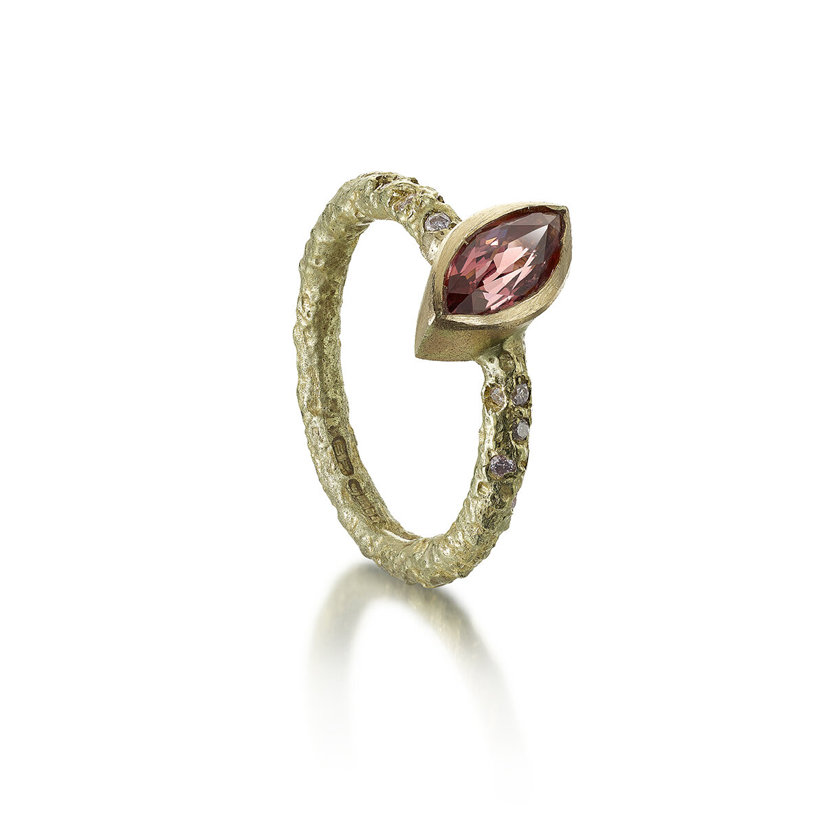 14ct gold etched ring and pink diamonds and spinel