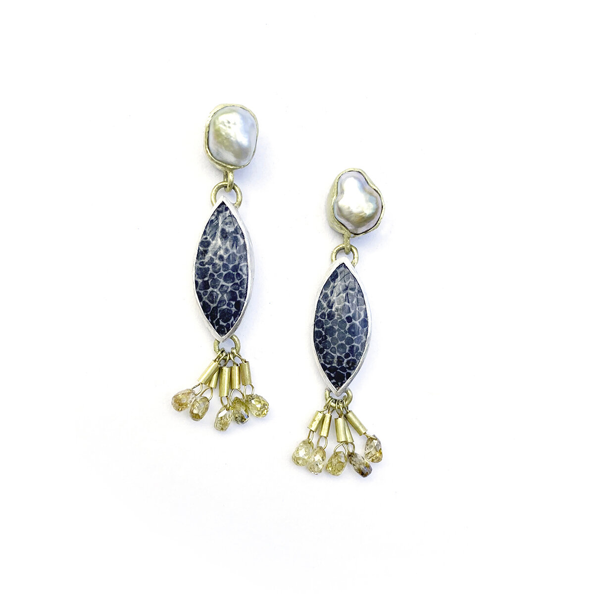 Gold and silver earrings with coral, pearl and diamonds