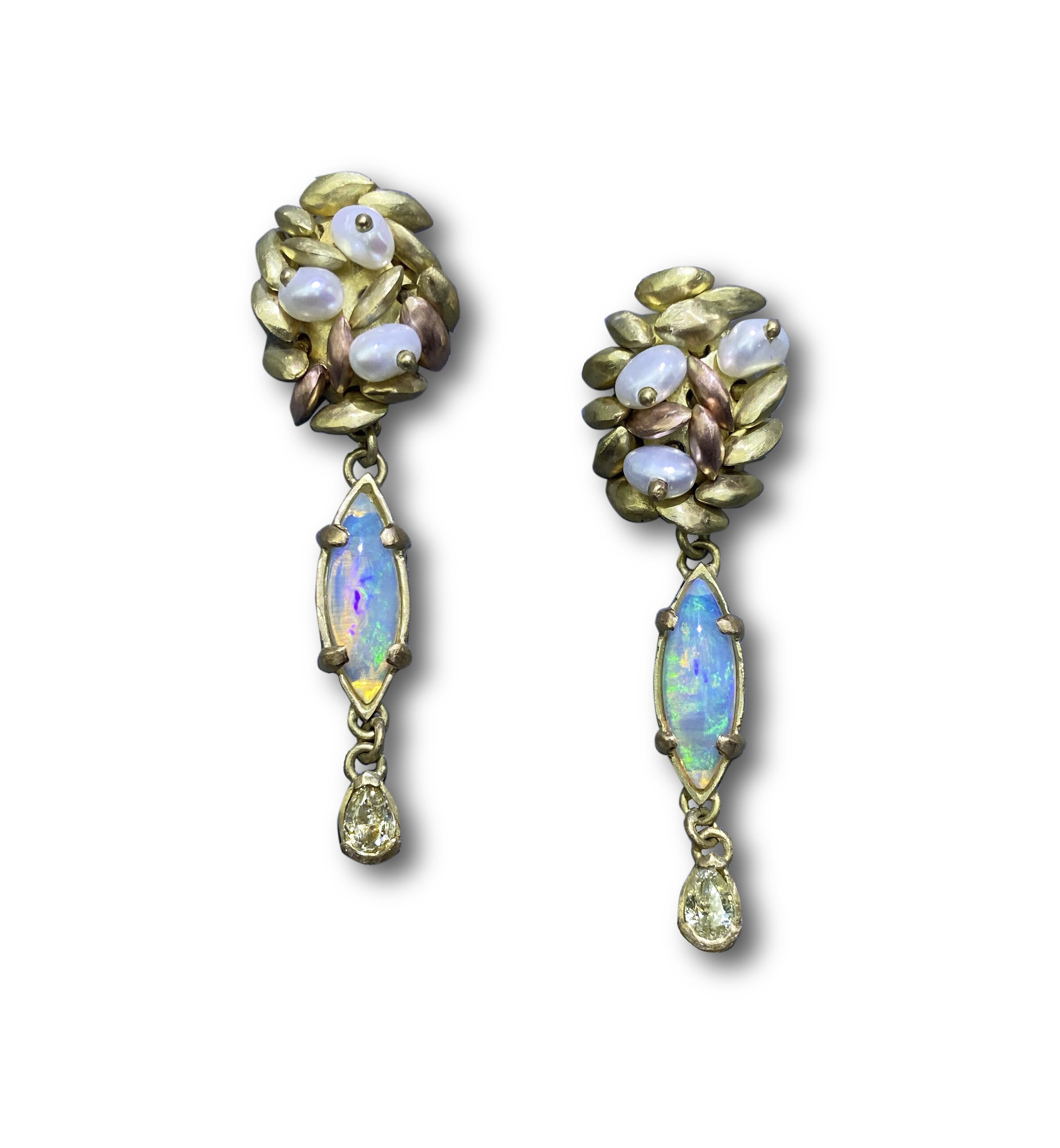 acini gold earrings with pearls, opals and diamonds