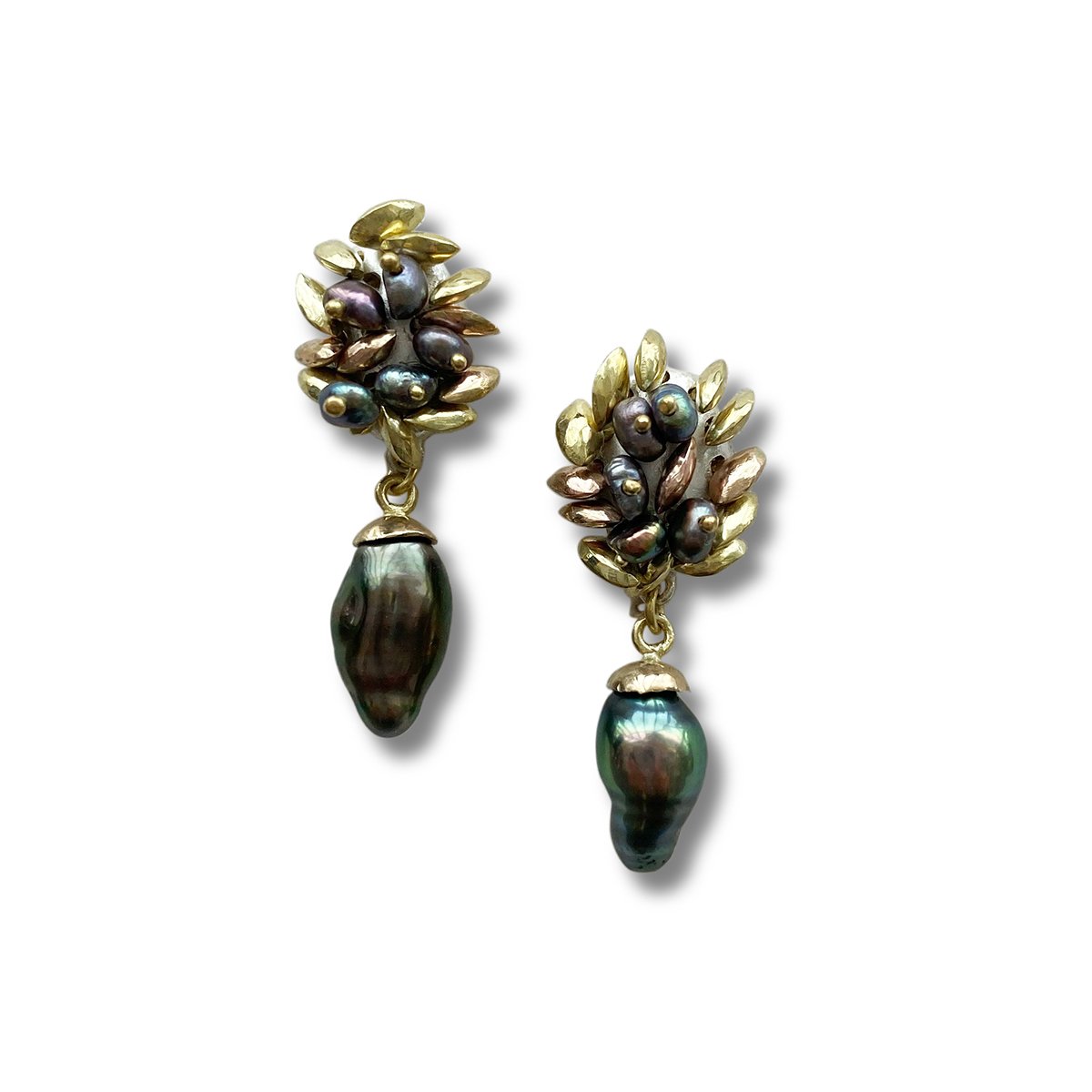 Acini gold earrings with keishi and seed pearls