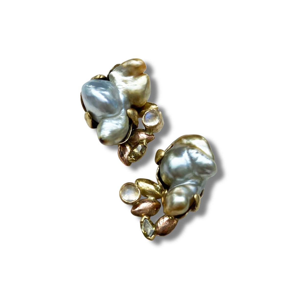 Acini gold earrings with keishi pearls diamonds and moonstones
