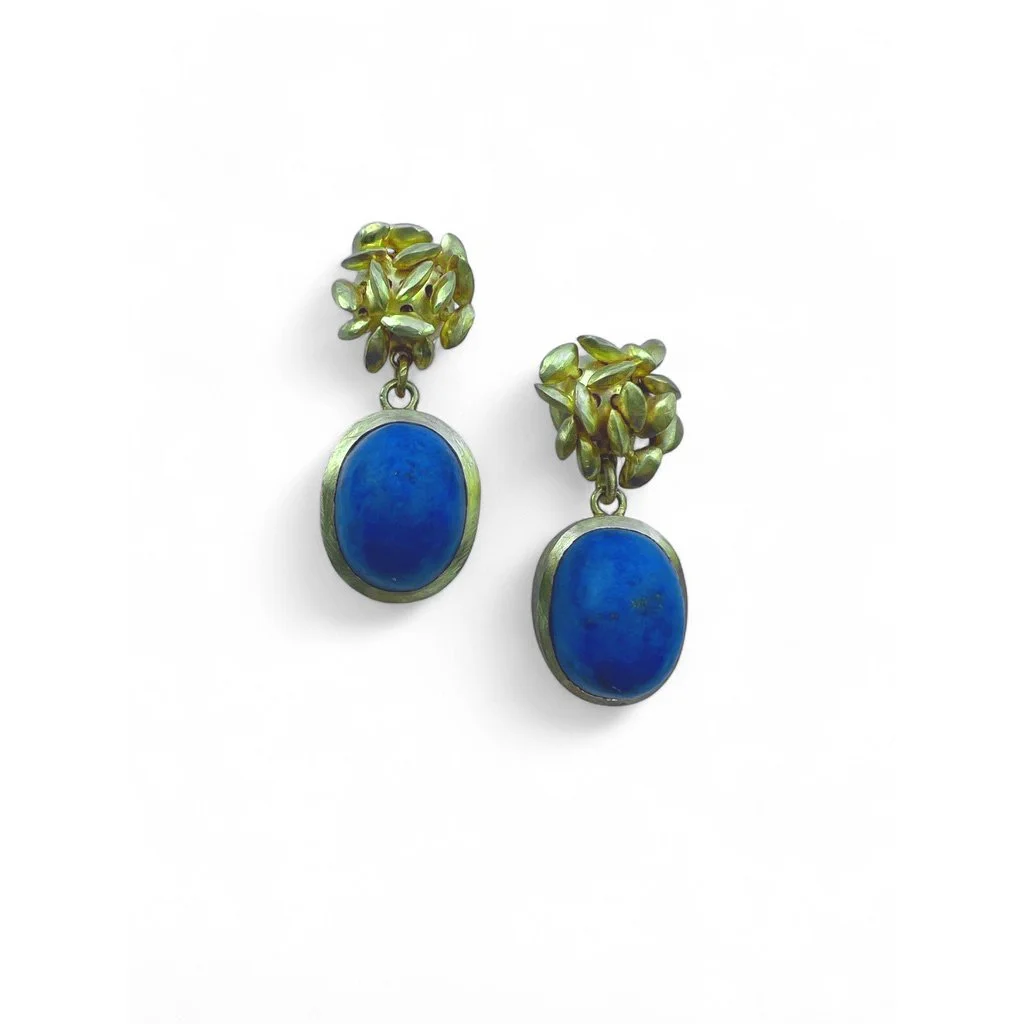 18ct gold earrings with articulated gold seeds and lapis lazuli drops available in round lapis