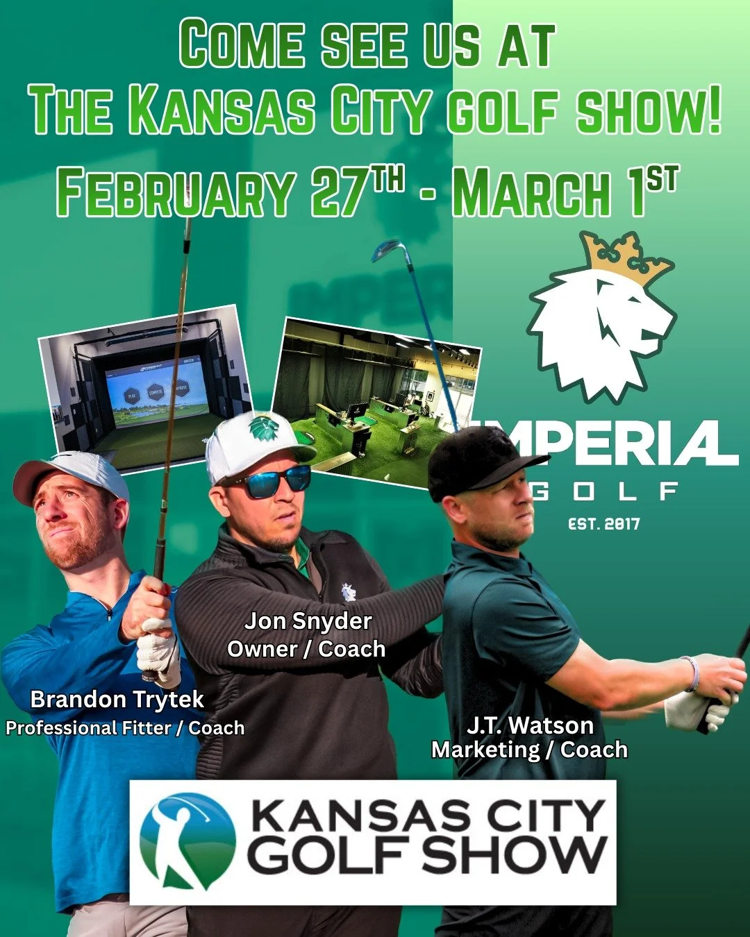 🦁 FORE PLEASE! 🦁
Imperial Golf is thrilled to welcome you to the Kansas City Golf Show &ndash;
Feb. 27&ndash;March 1, 2026, at the Overland Park Convention Center!

✅ 100+ exhibits &amp; experiences
✅ Top-tier manufacturers
✅ Huge sales &amp; speci