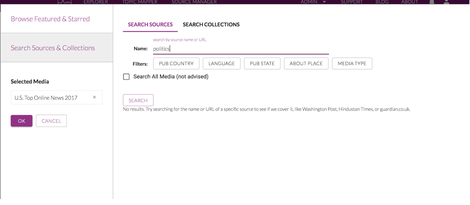 A screen grab of the updated Media Picker interface with the option to filter with a keyword like “politics” with more source types.