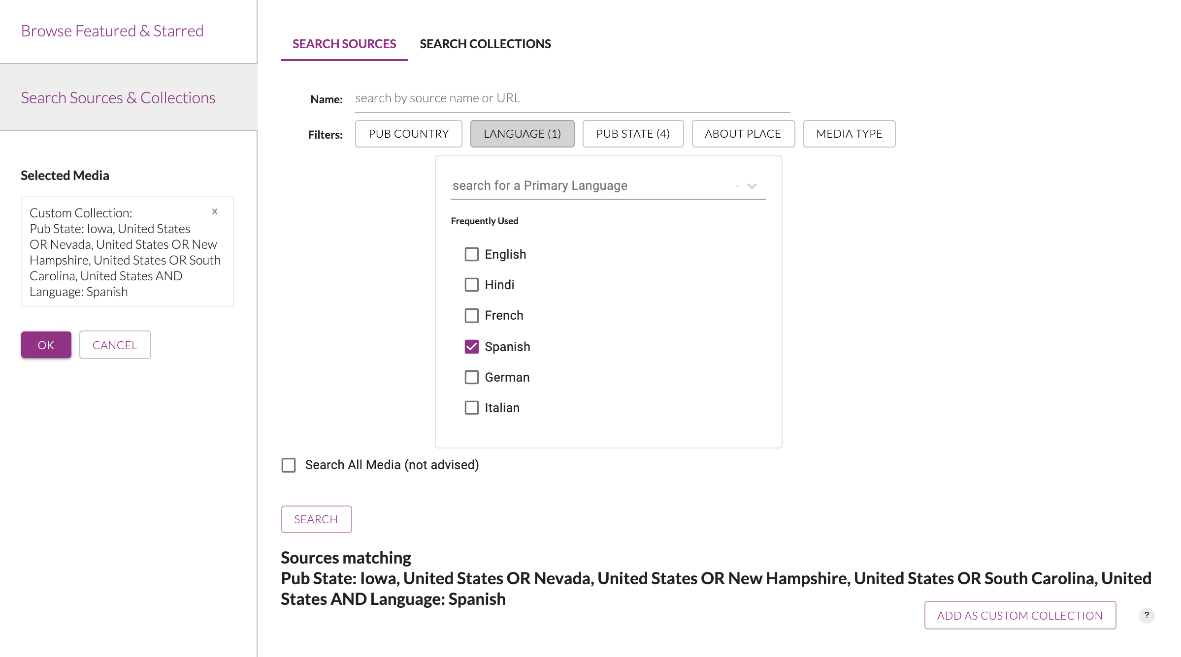 The query setup for a second comparative query about debate-qualifying primary candidates. Each of the candidates is queried a gai nst a custom collection of Spanish-language sources from the first primary states. The timeframe is the same as the previous query: Jan. 1, 2019 — Aug. 15, 2019.