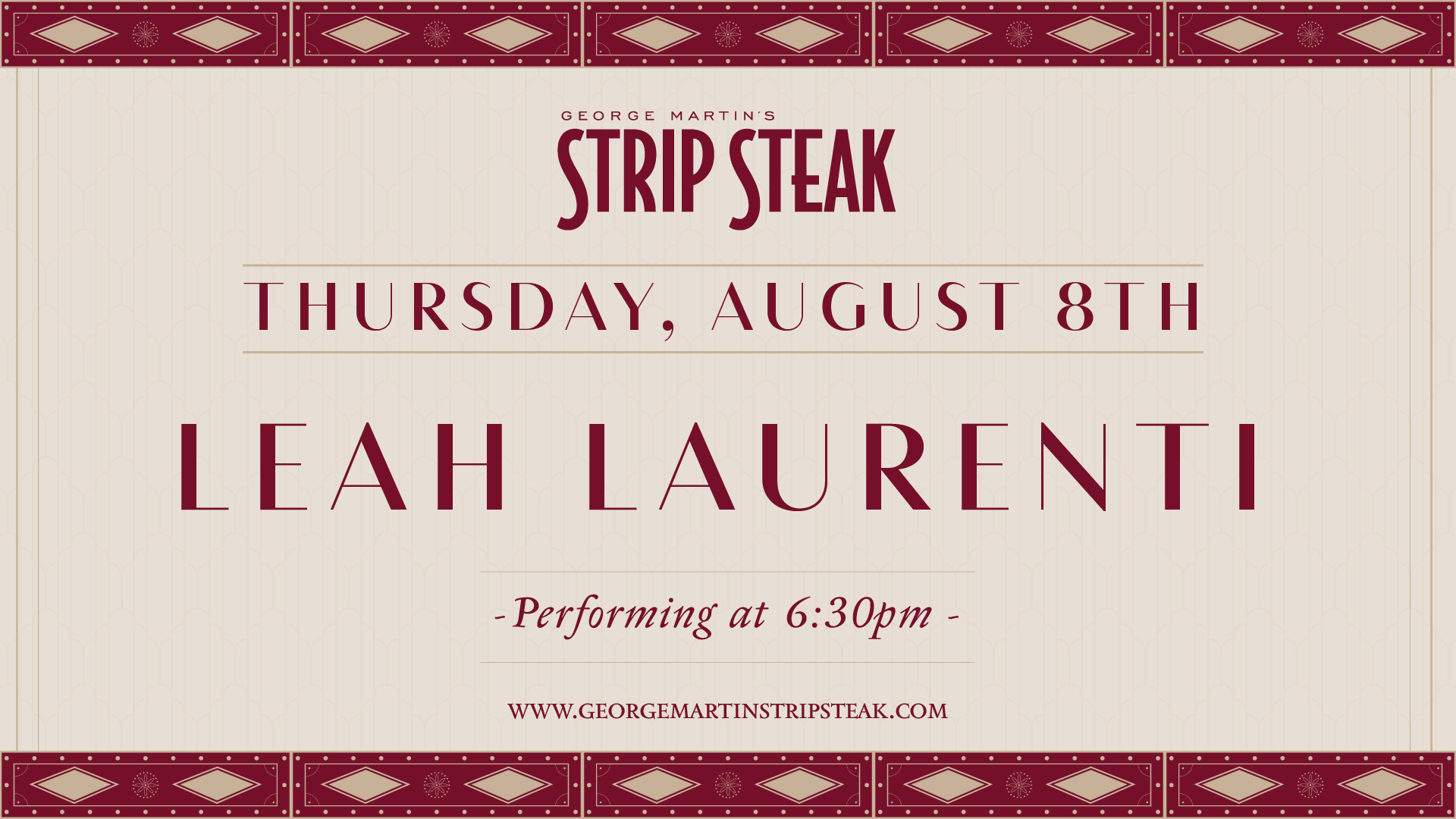 Flyer for live music with Leah Laurenti on August 8th at 6:30pm