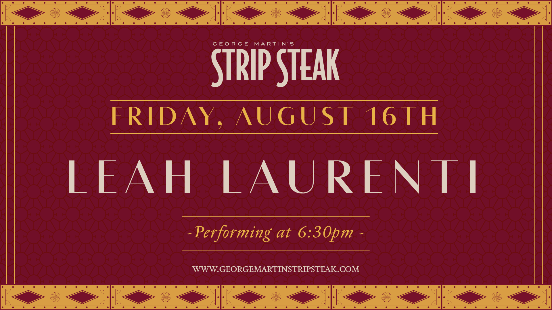 Flyer for live music with Leah Laurenti on August 16th at 6:30pm