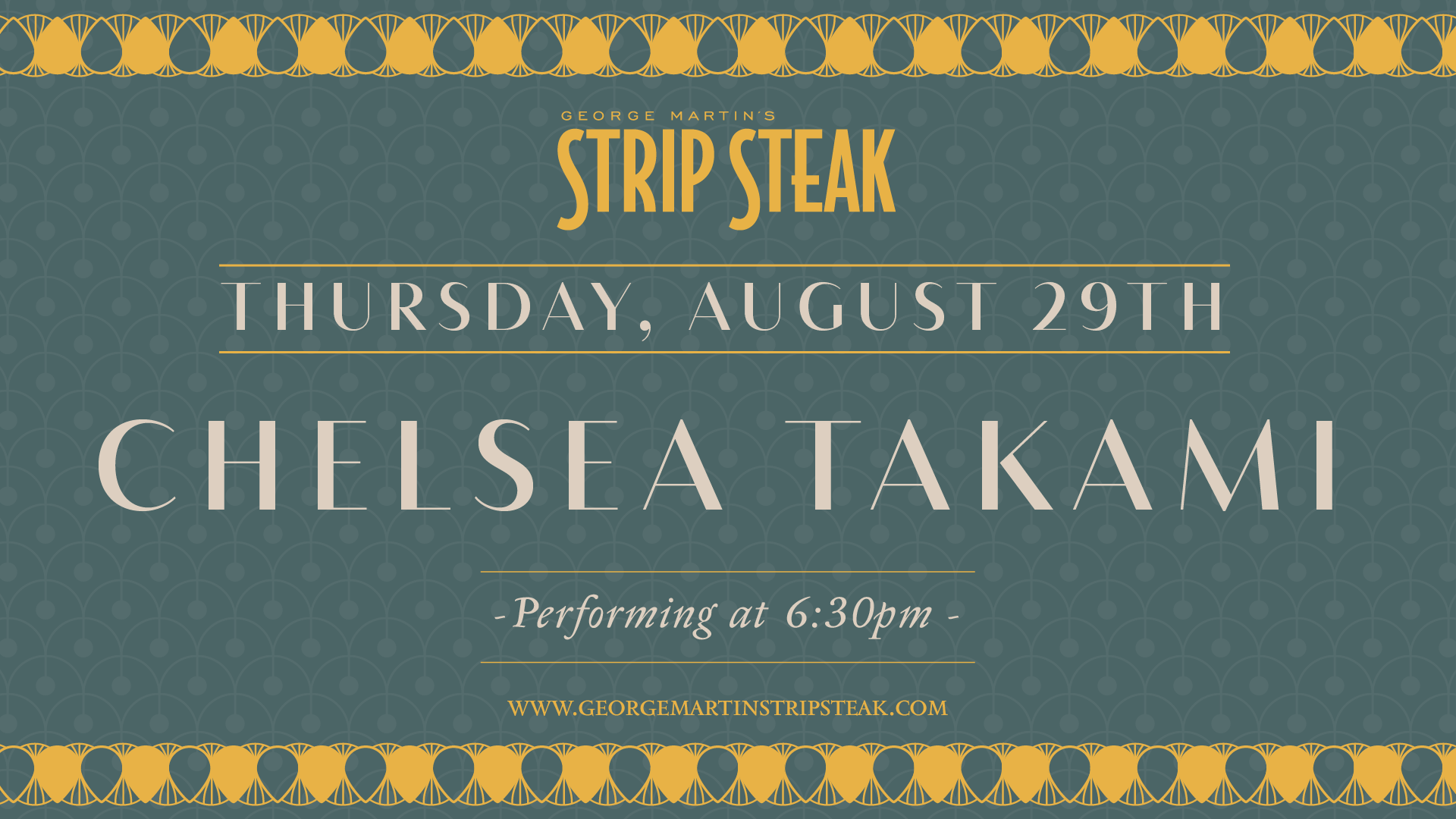 Flyer for live music with Chelsea Takami on August 29th at 6:30pm