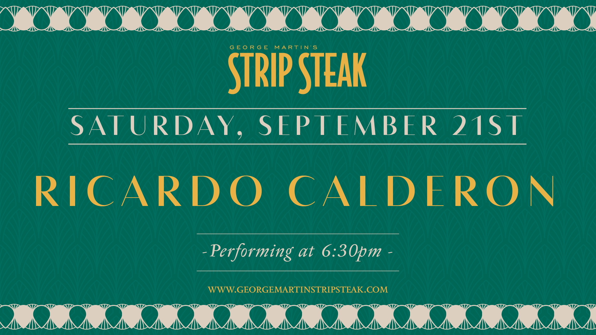 Flyer for Ricardo Calderon on Saturday, September 21st at 6:30pm