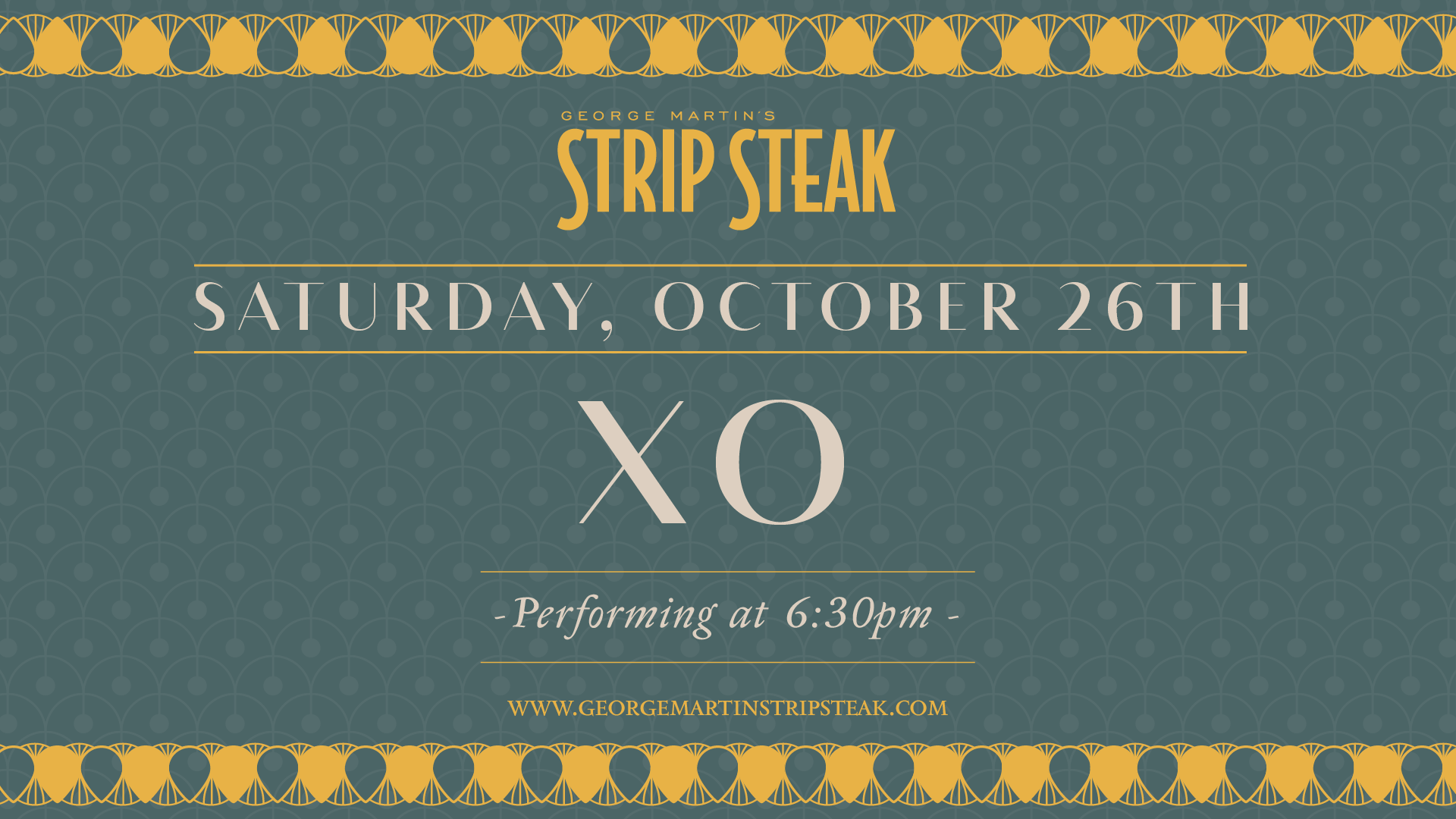 Flyer for Live Music with XO at Strip Steak on Saturday, October 26th at 6:30pm