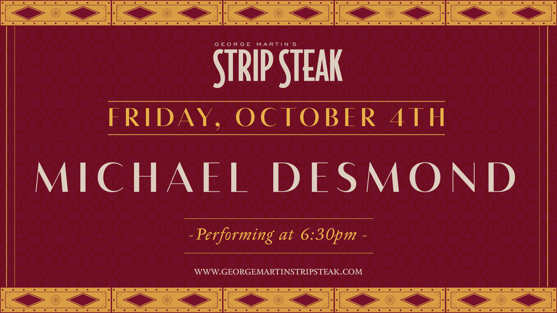 Flyer for live music with Michael Desmond on Friday, October 4th at 6:30pm.