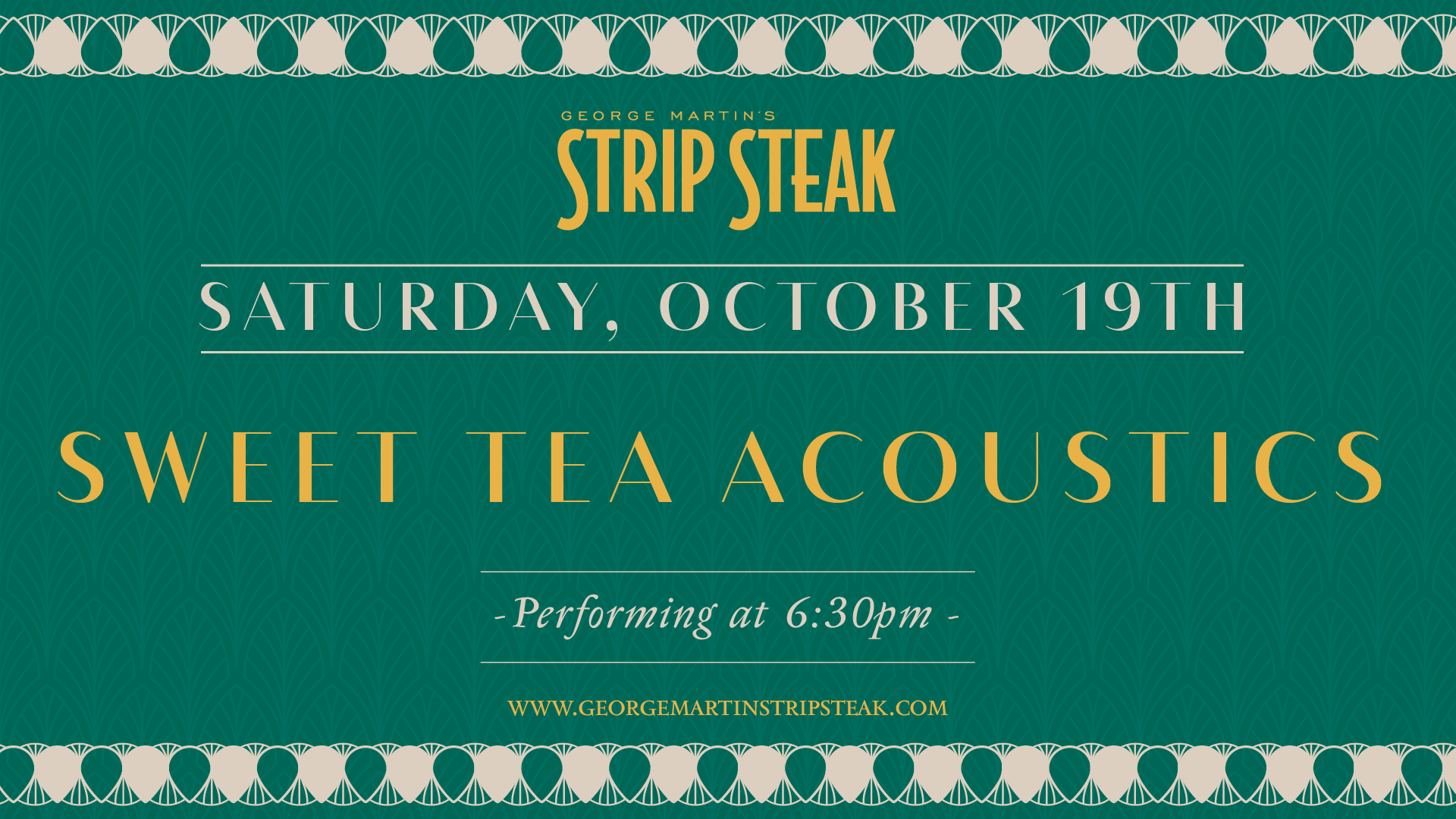 Flyer for live music with Sweet Tea Acoustics on Saturday, October 19th at 6:30pm.