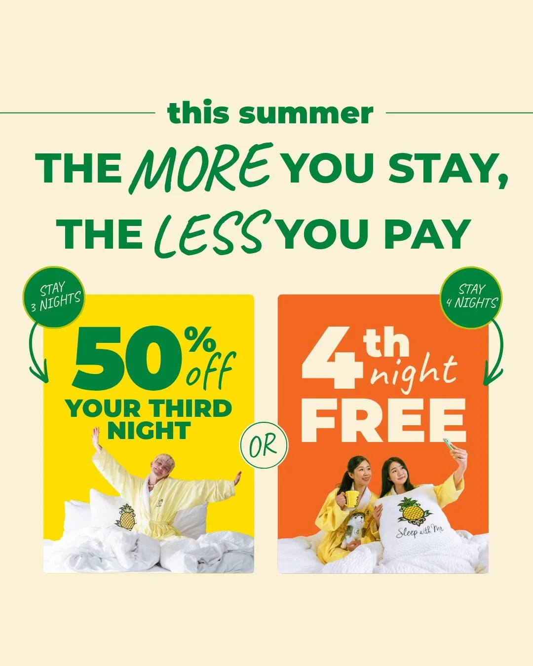 The more you stay, the less you pay 🍍 This summer, CORE members can unlock 50% off your third night, or stay 4 and get your fourth night free. Use code JUICY when booking and let the good times stretch a little longer. Link in bio to book.