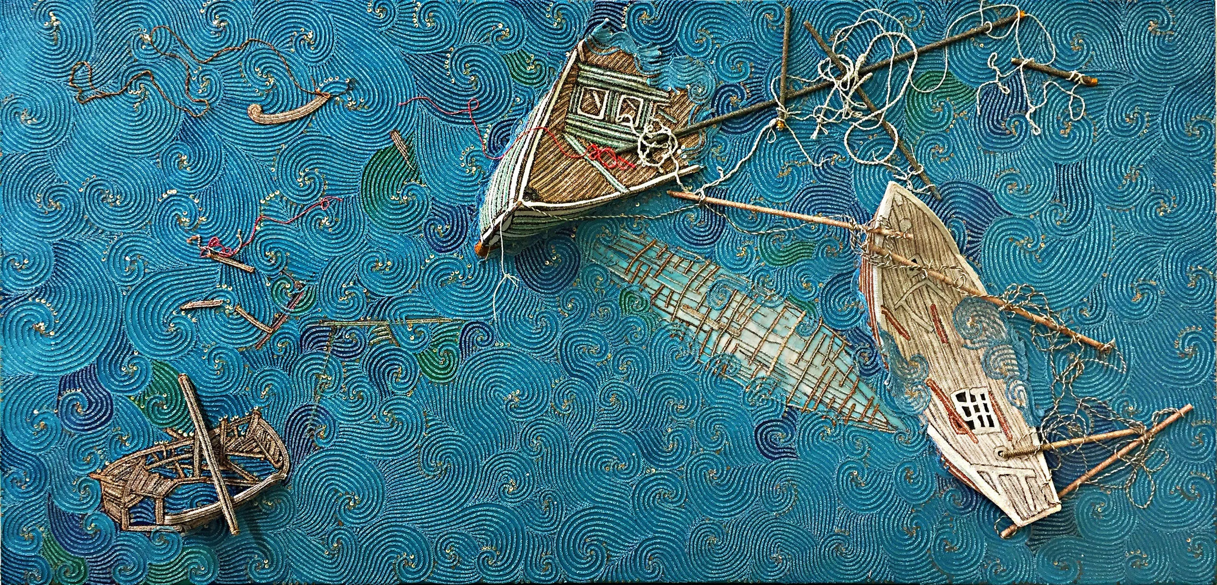 Leila Daw, Never to Arrive, Burmese shwe chi doe tapestry and mixed media, 28 x 58 x 6 in., 2018