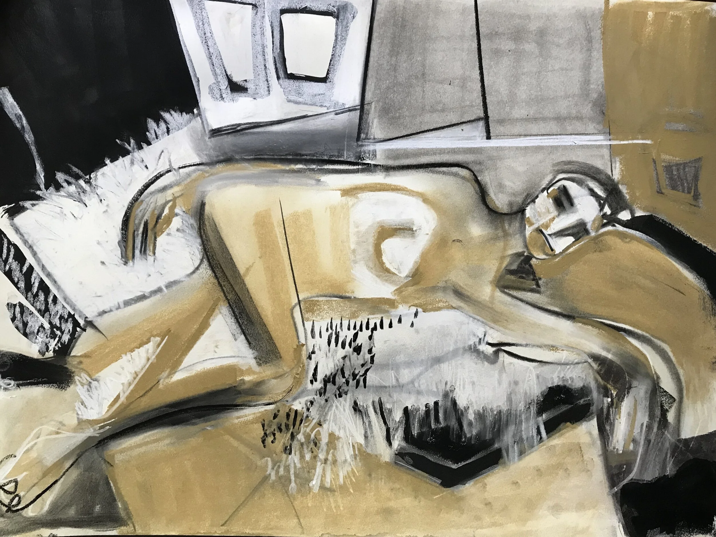  Laura Shabott  Repose in a Cubist Universe  Charcoal and Sumi Ink on Paper 2020 Provincetown, MA   “Laura Shabott is a graduate from SMFA at TUFTS. Emily Mergel of Artscope Magazine writes ‘[the artist] continually draws inspiration from abstract ex