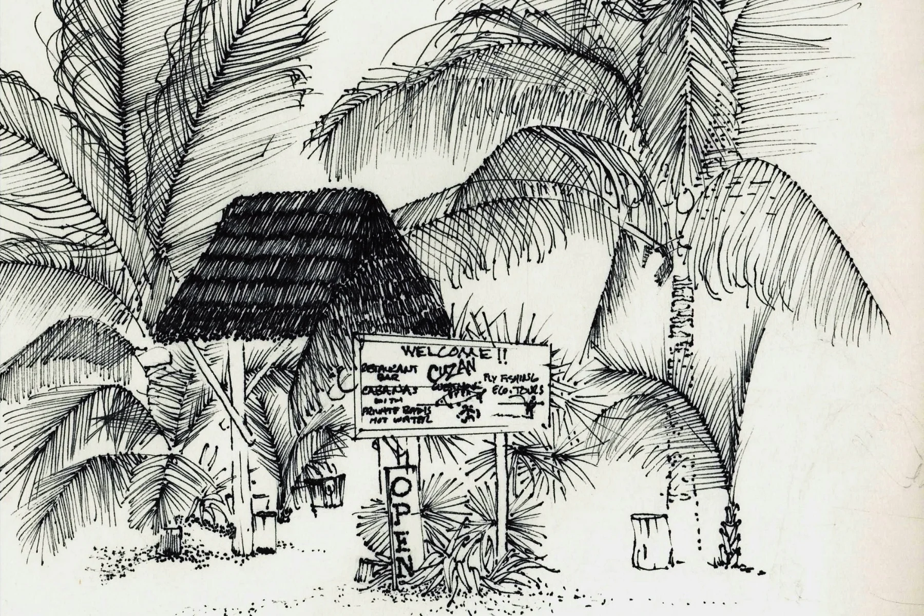 "Cuzan Guest House Reception", Pamela Rhodes, pen & ink