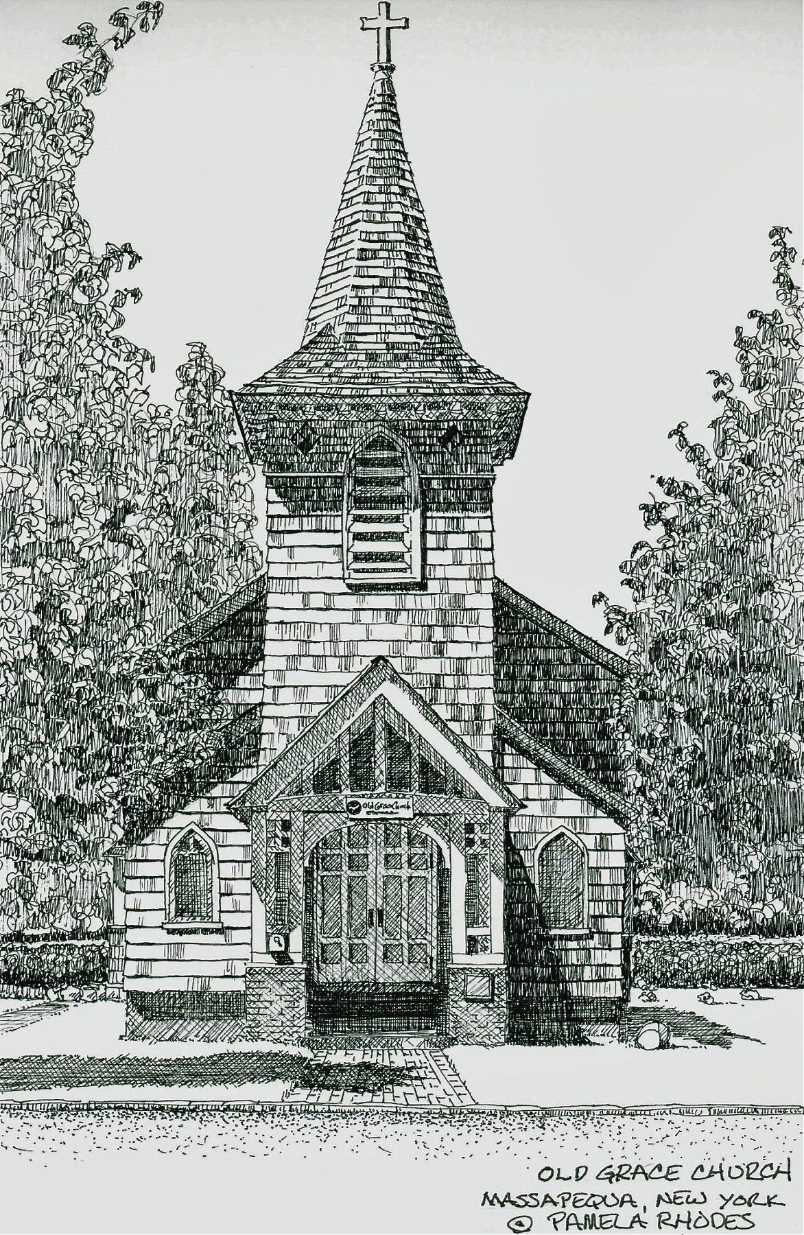 "Old Grace Church", NY, pen &amp; ink, 10 x 14