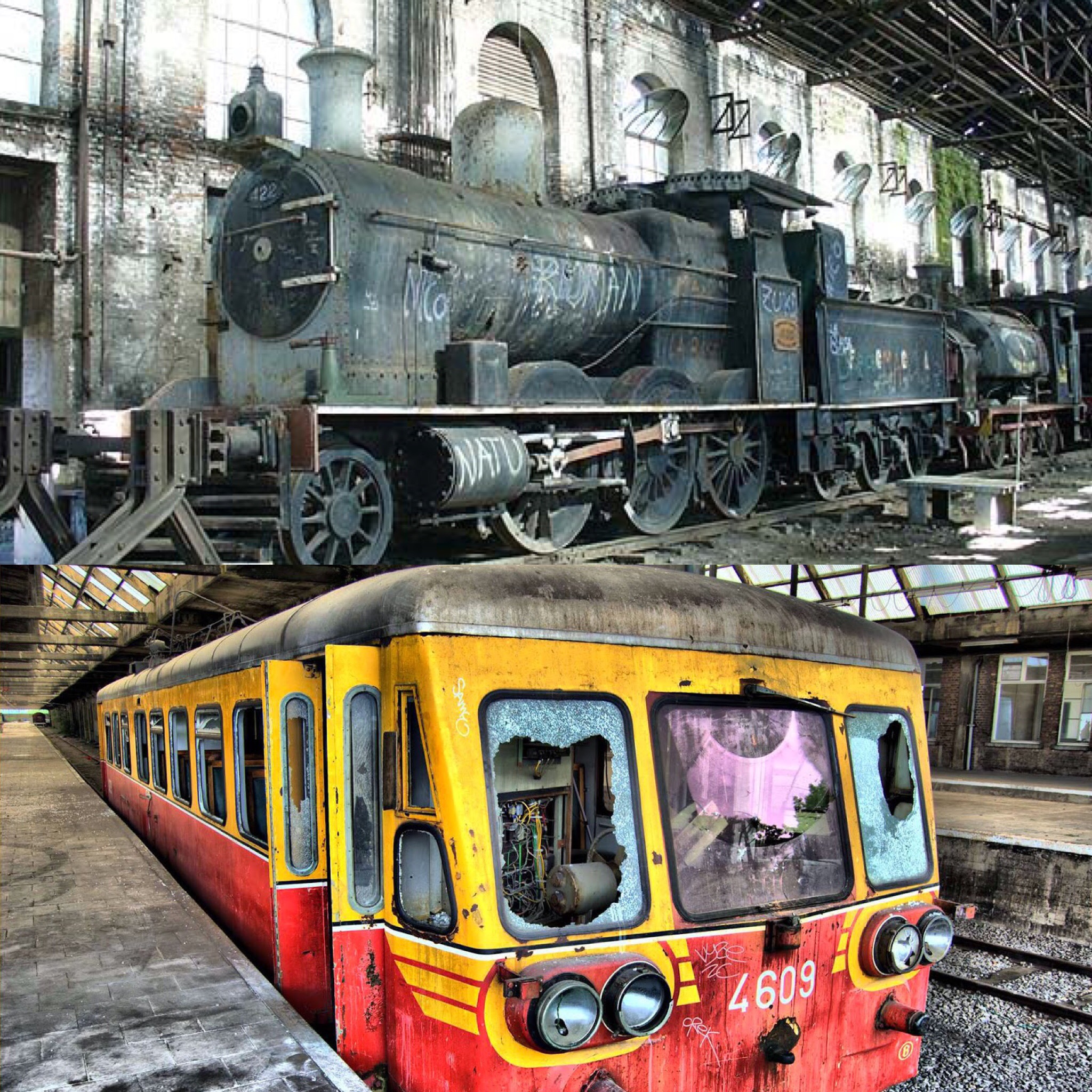 Two abandoned train stations. Top: Argentina. Bottom: Detroit.
