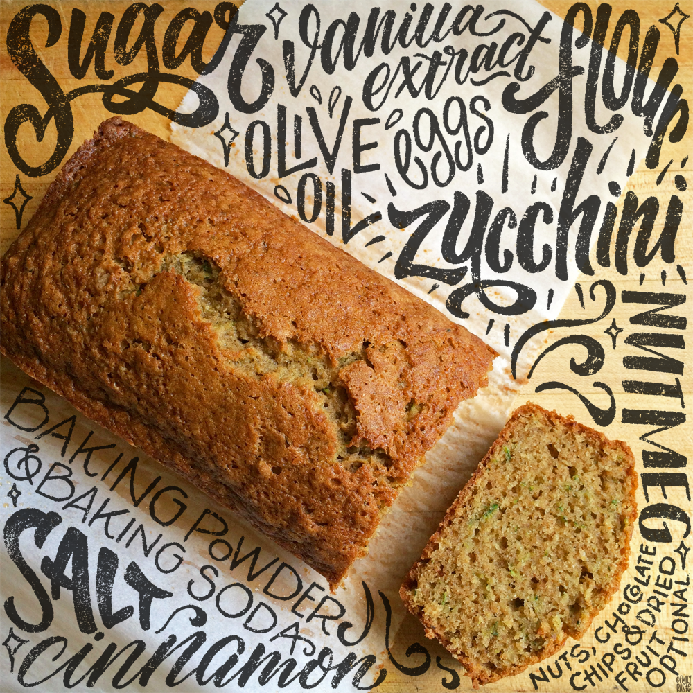 Hand-lettered zucchini bread recipe and photography