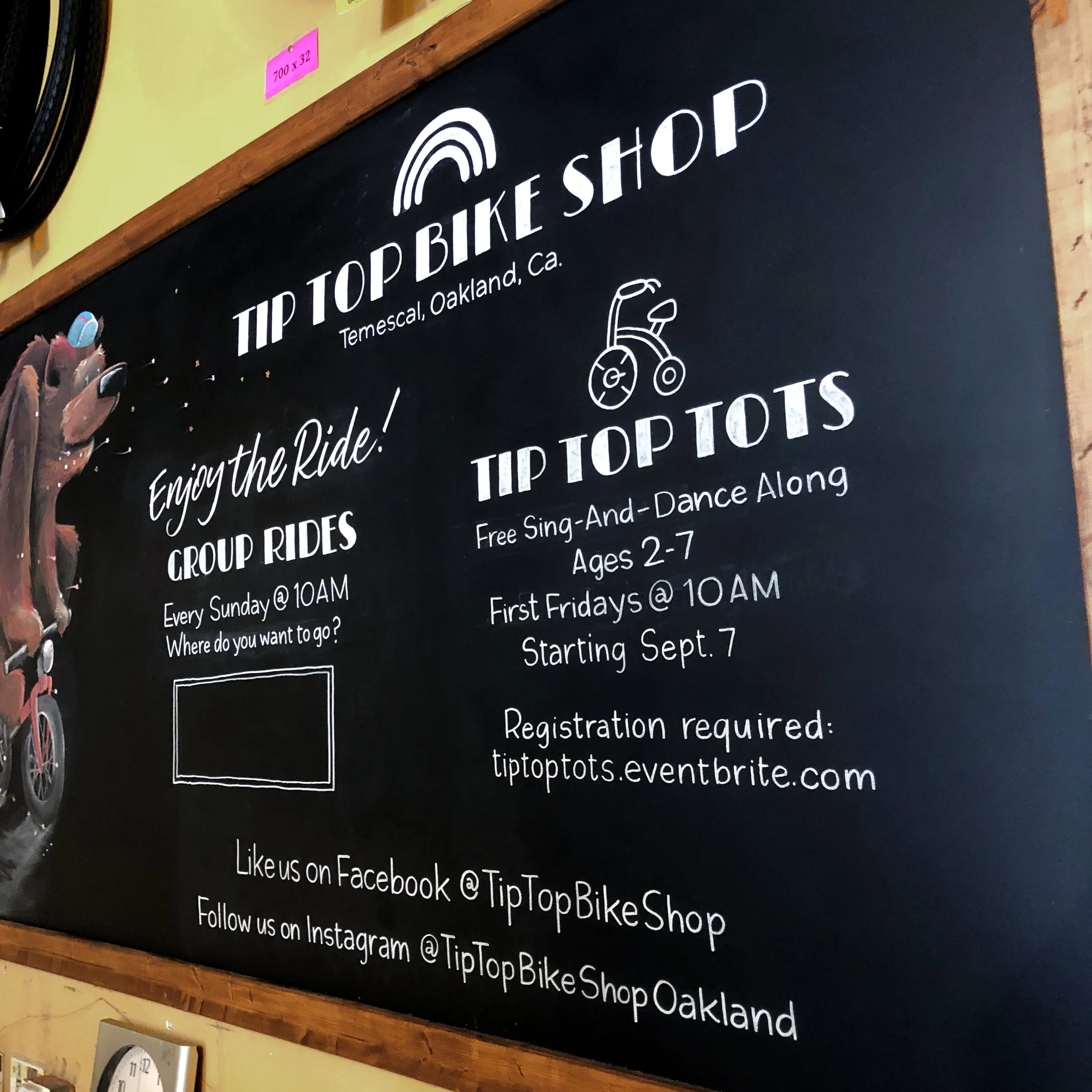 Tip Top Bike Shop chalkboard, Oakland