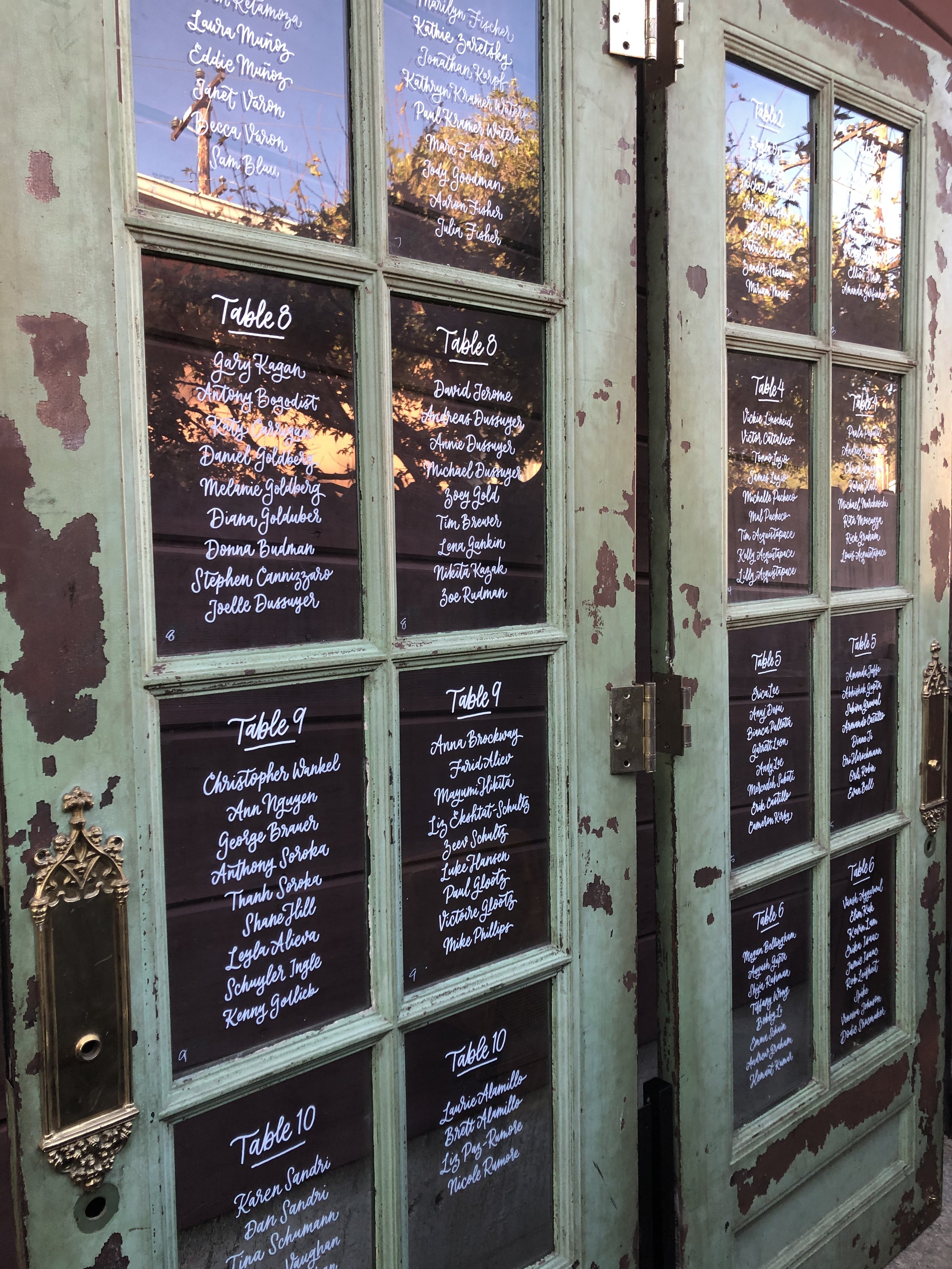 Wedding seating guide on large decorative doors