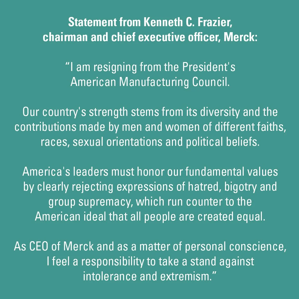 CEO of Merck Resigns from Trump’s Manufacturing Council After Charlottesville